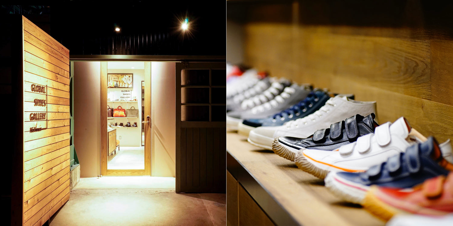 GLOBAL SHOES GALLERYの入口の外観と、店舗で取り扱っているSPINGLE MOVEの画像