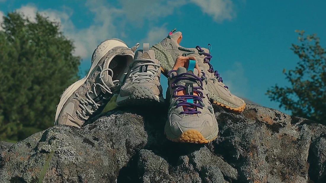 Flower Mountain (フラワーマウンテン) のイメージ動画。アウトドアシーンでFlower Mountain (フラワーマウンテン) を履いているシーンが流れる。
